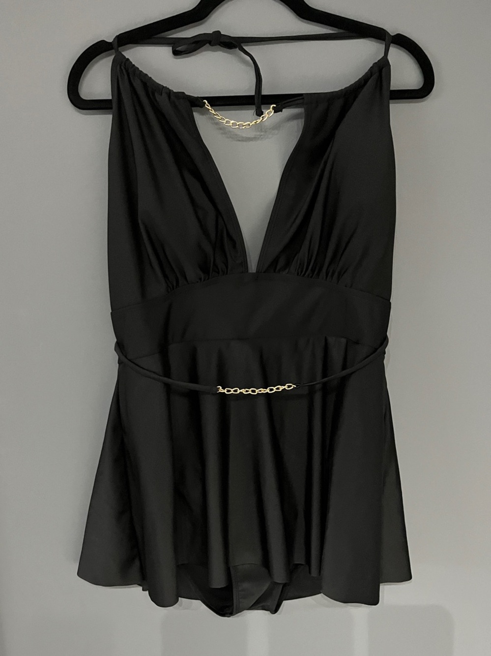 3/$15 SHEIN Black Halter Peplum One-Piece Swimsuit with Gold Chain